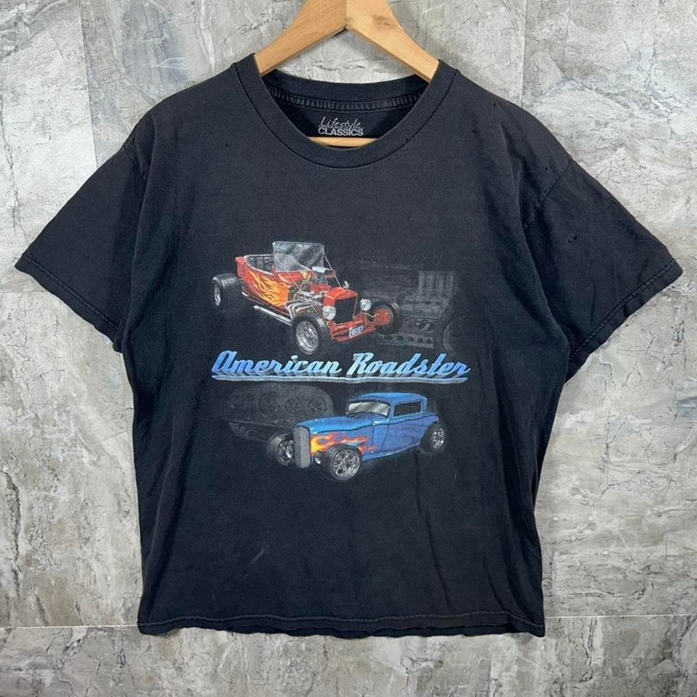 Vintage American Roadster distressed black cotton t-shirt Men's Size Large